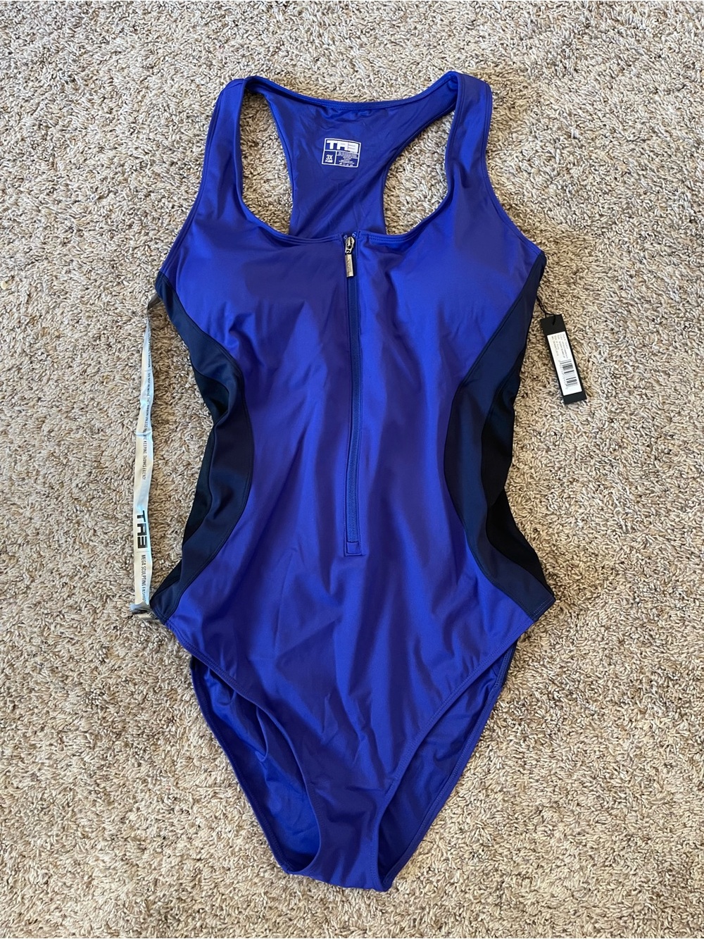 TA3 Scoopy Seamed Zip One Piece Swimsuit Contour Ultramarine/Black 3X X-Long NWT